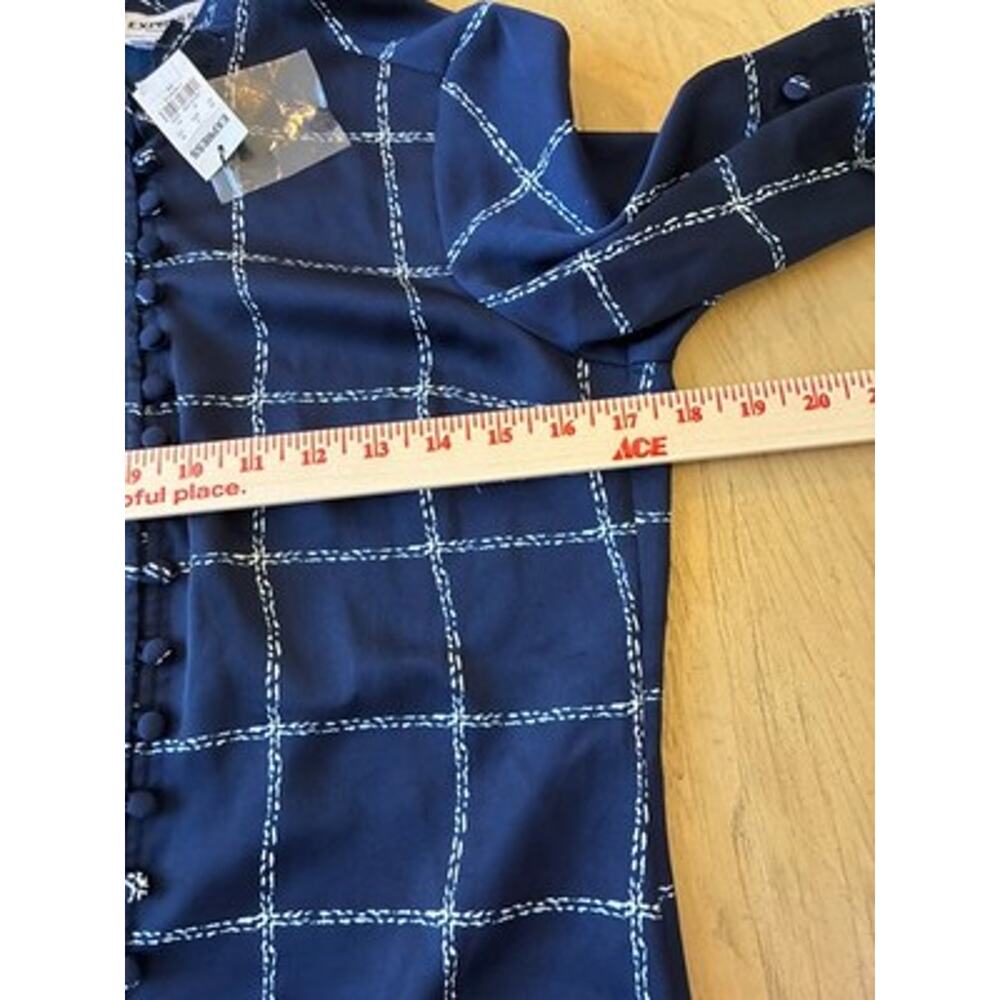NWT Express Windowpane Button Blouse Victorian Asian Dark Academia Ruffle Neck S - Picture 7 of 16